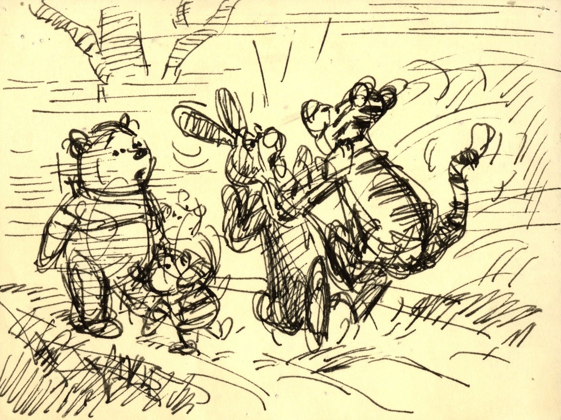 Winnie the Pooh and Tigger Too Original Storyboard Drawing with Dialogue Tag: Pooh, Piglet, Rabbit, Tigger
