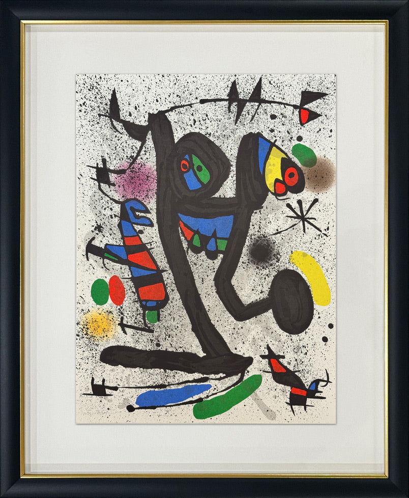 A framed abstract art print featuring a black gestural figure and colorful abstract shapes on a speckled off-white background, enclosed in a white mat and a black frame with a gold inner trim.