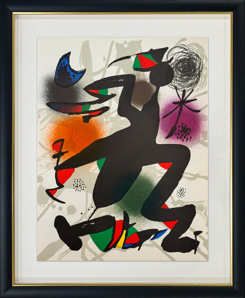 Framed abstract art print featuring a black silhouette figure with colorful geometric accents on a cream background, enclosed in a white mat and a black frame with a gold inner trim.