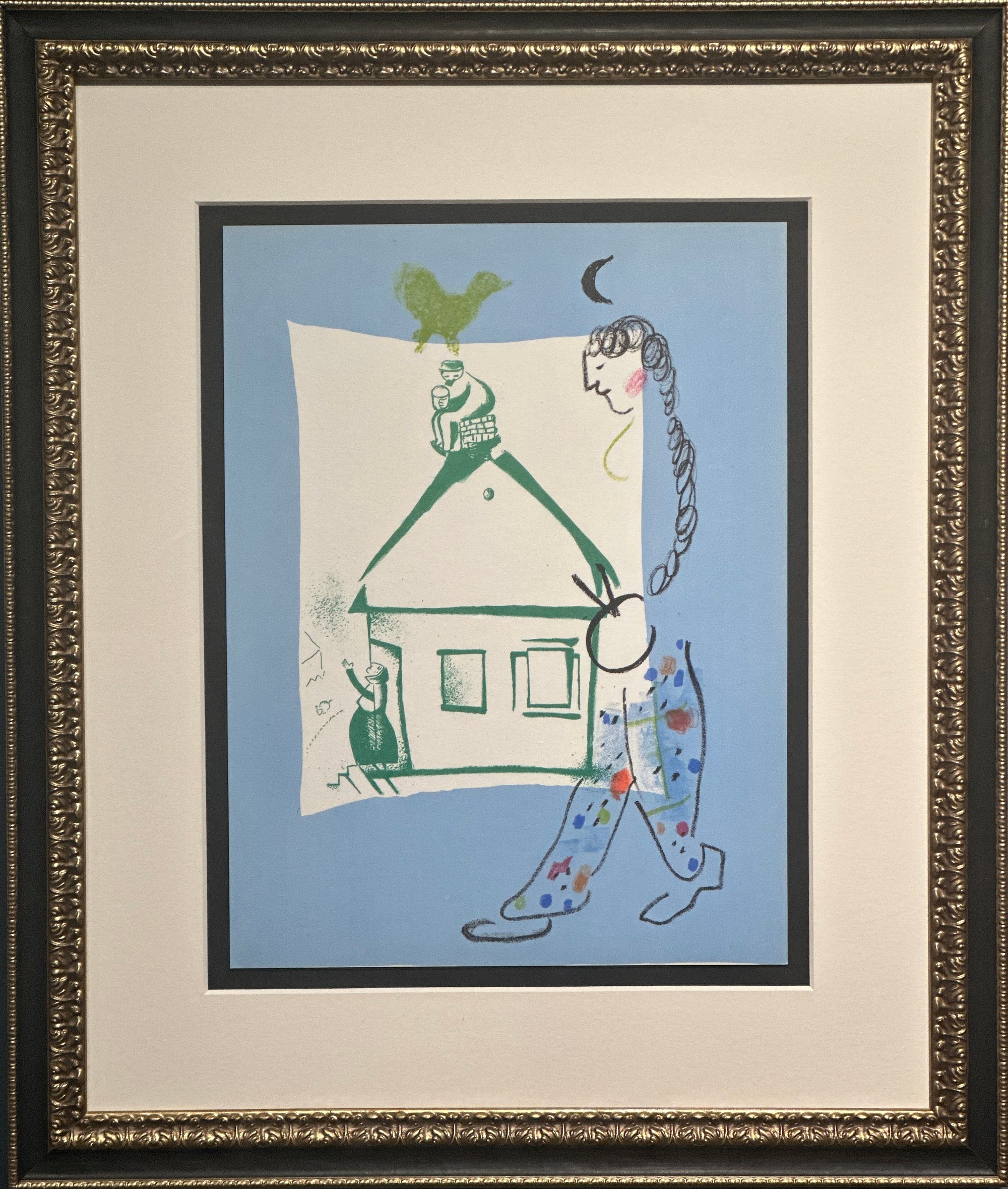 A framed art print featuring a whimsical illustration of a woman carrying a house on her back, with a blue background and an ornate black and gold frame.
