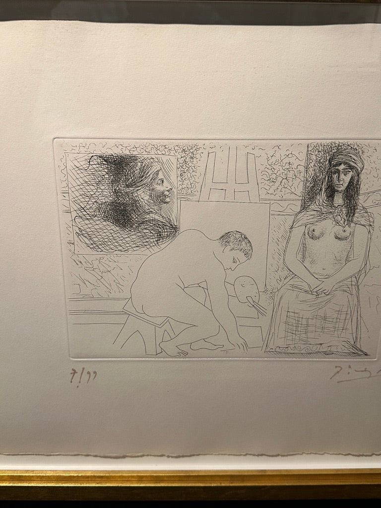 A monochrome etching or print on textured paper, featuring three sketchy human figures in a scene, with a gold-toned frame edge visible at the bottom.