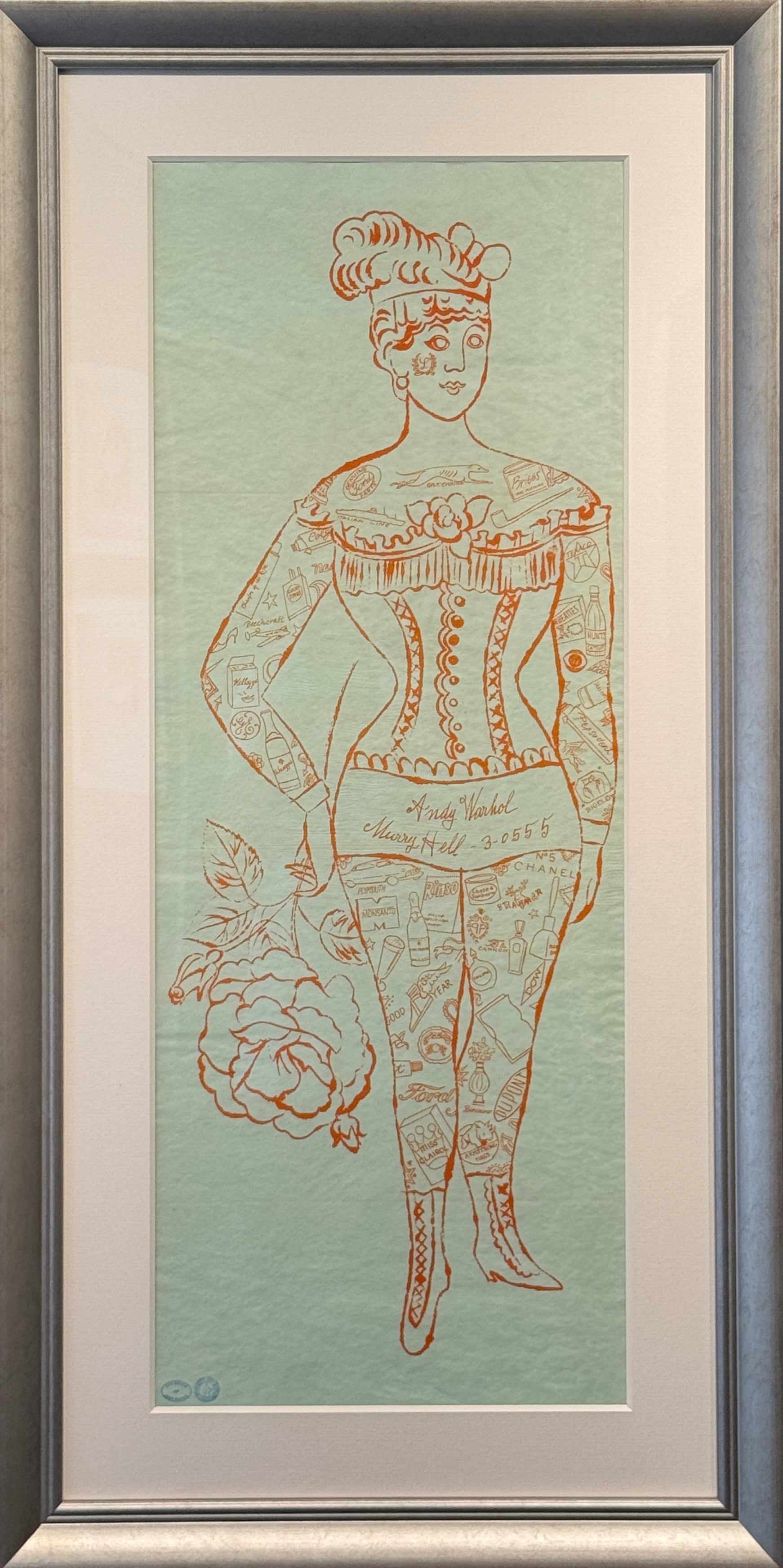 Framed illustration of a woman in a corset with floral elements on a light green background