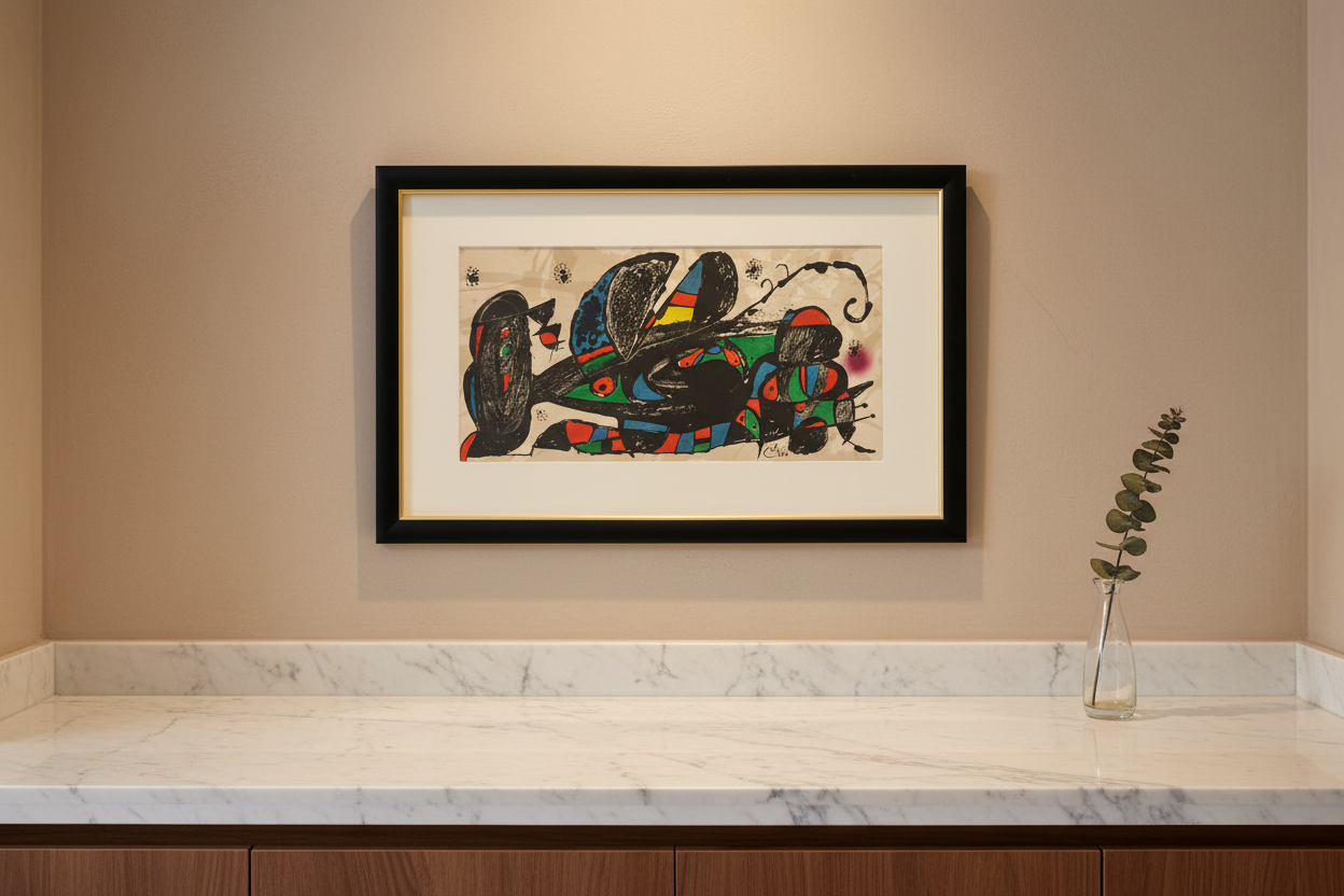 Joan Miró – Escultor Iran (1974), framed lithograph in colors displayed above a counter in an elegant home interior